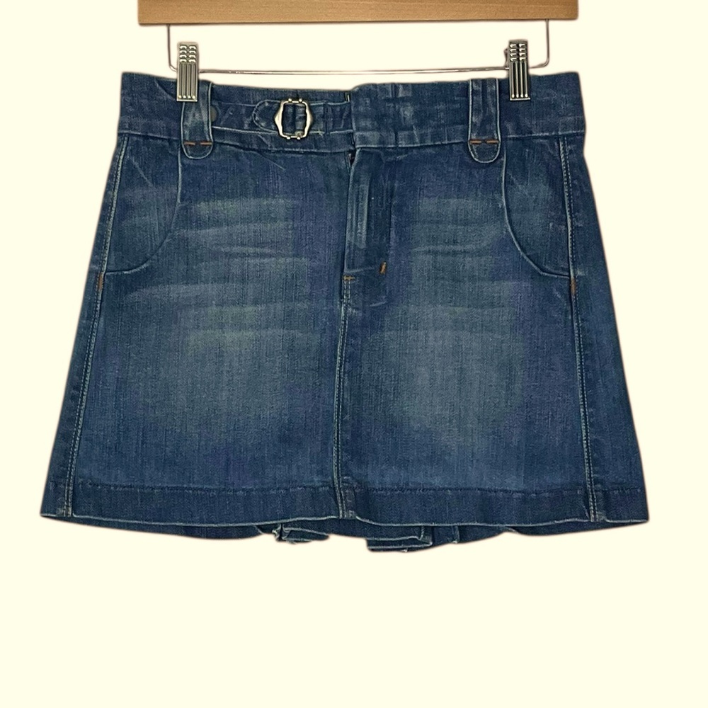 7 FOR ALL MANKIND sz 27 Denim Mini Skirt Distressed Pleats Pockets USA Blue